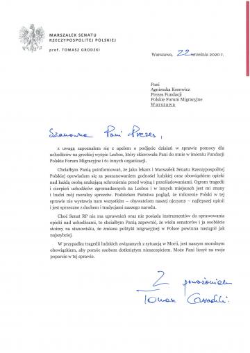 A response from the Marshal of the Senate of the Republic of Poland, prof. Tomasz Grodzki, on the evacuation of refugees from Moria